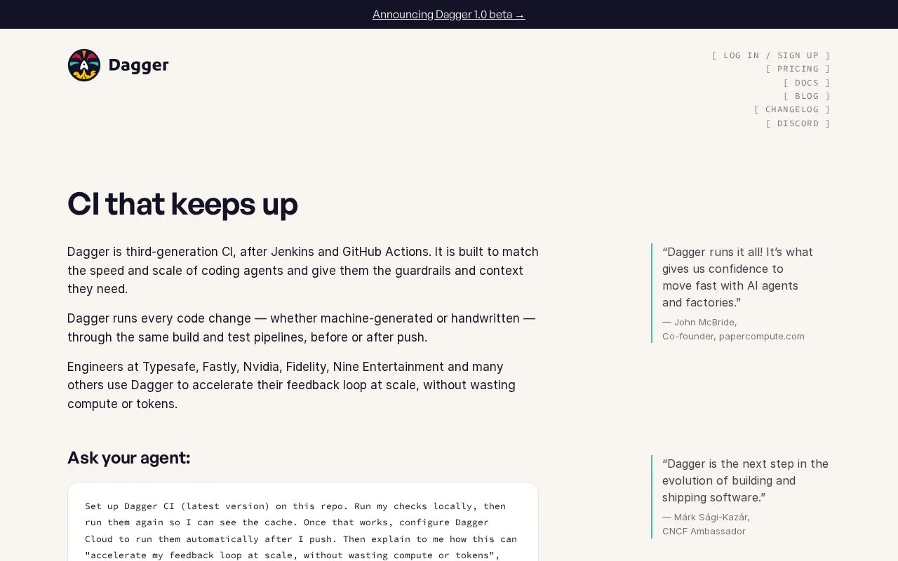 Screenshot of the Dagger homepage
