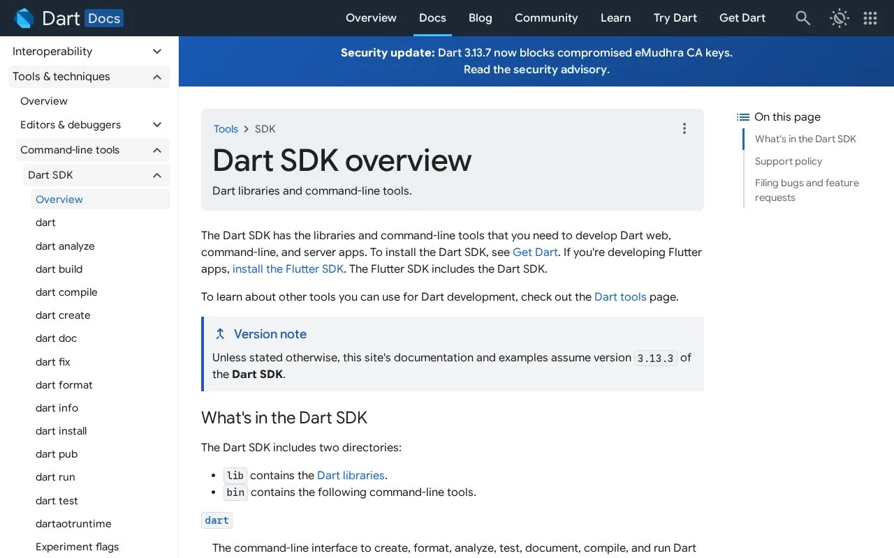 Screenshot of the Dart SDK homepage