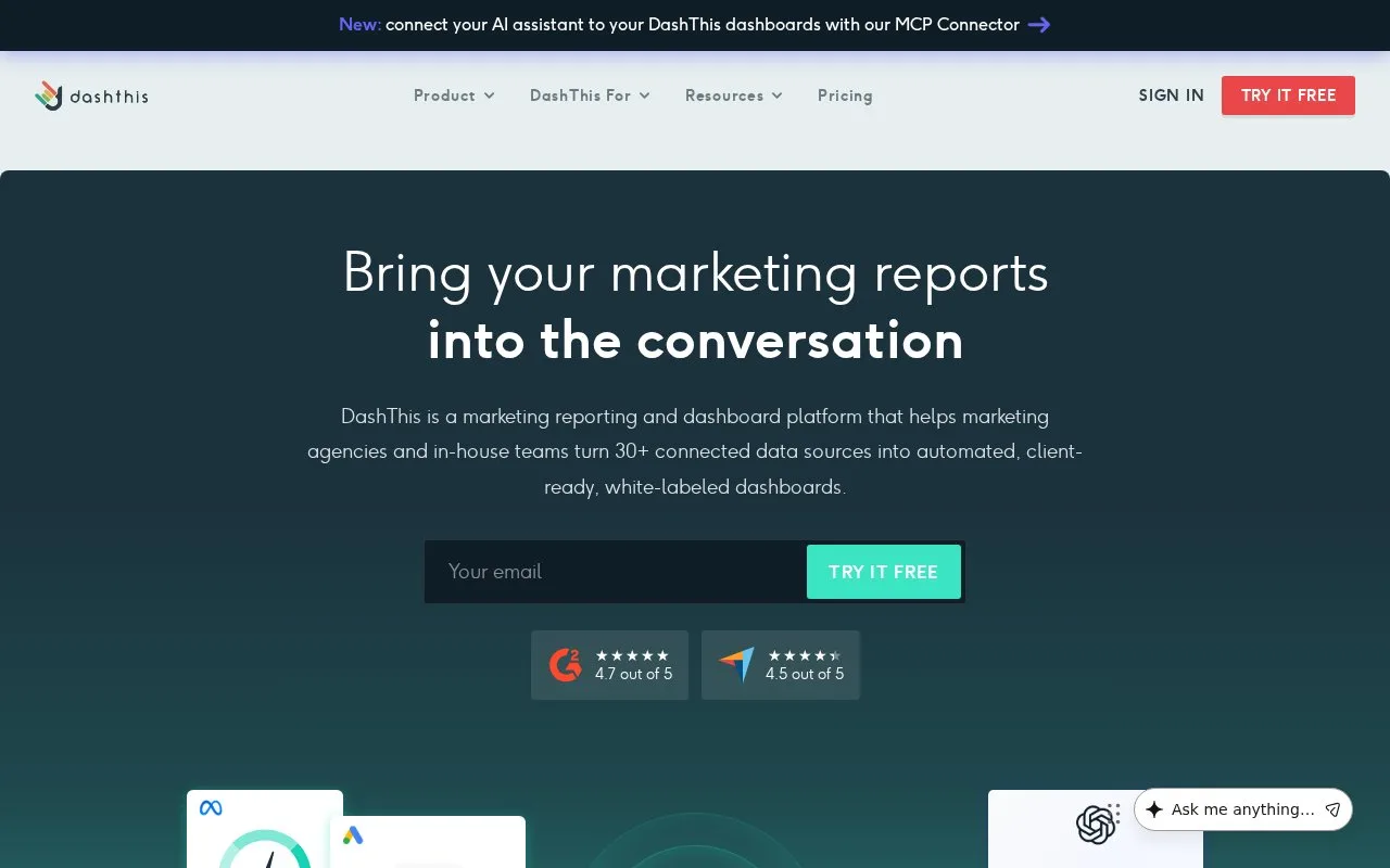Screenshot of the DashThis homepage