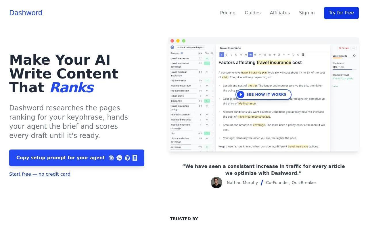 Screenshot of the Dashword homepage