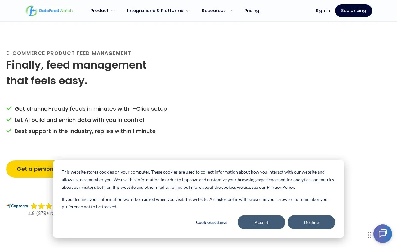 Screenshot of the DataFeedWatch homepage