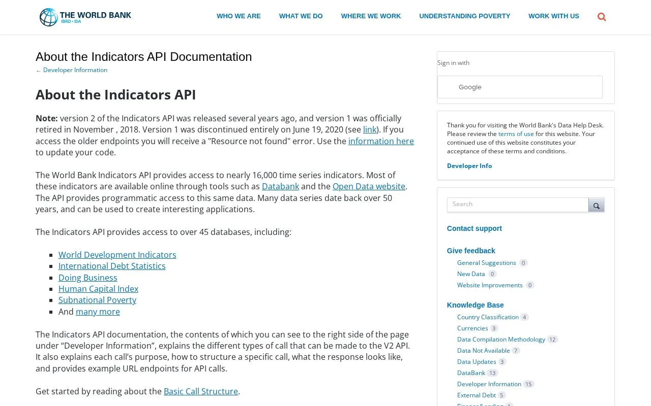 Screenshot of the World Bank Indicators API homepage