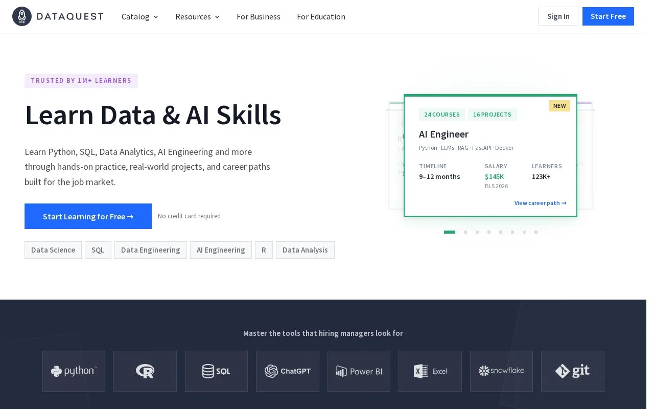 Screenshot of the Dataquest homepage