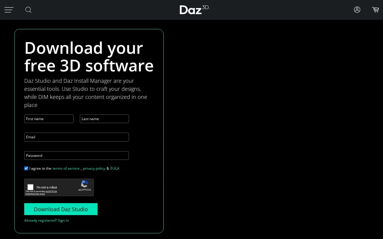 Screenshot of the Daz Studio homepage