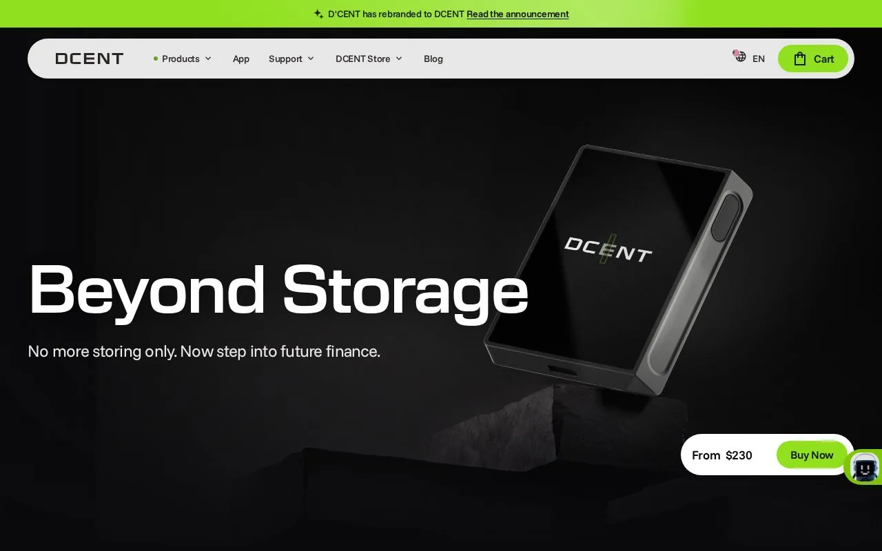 Screenshot of the DCENT homepage