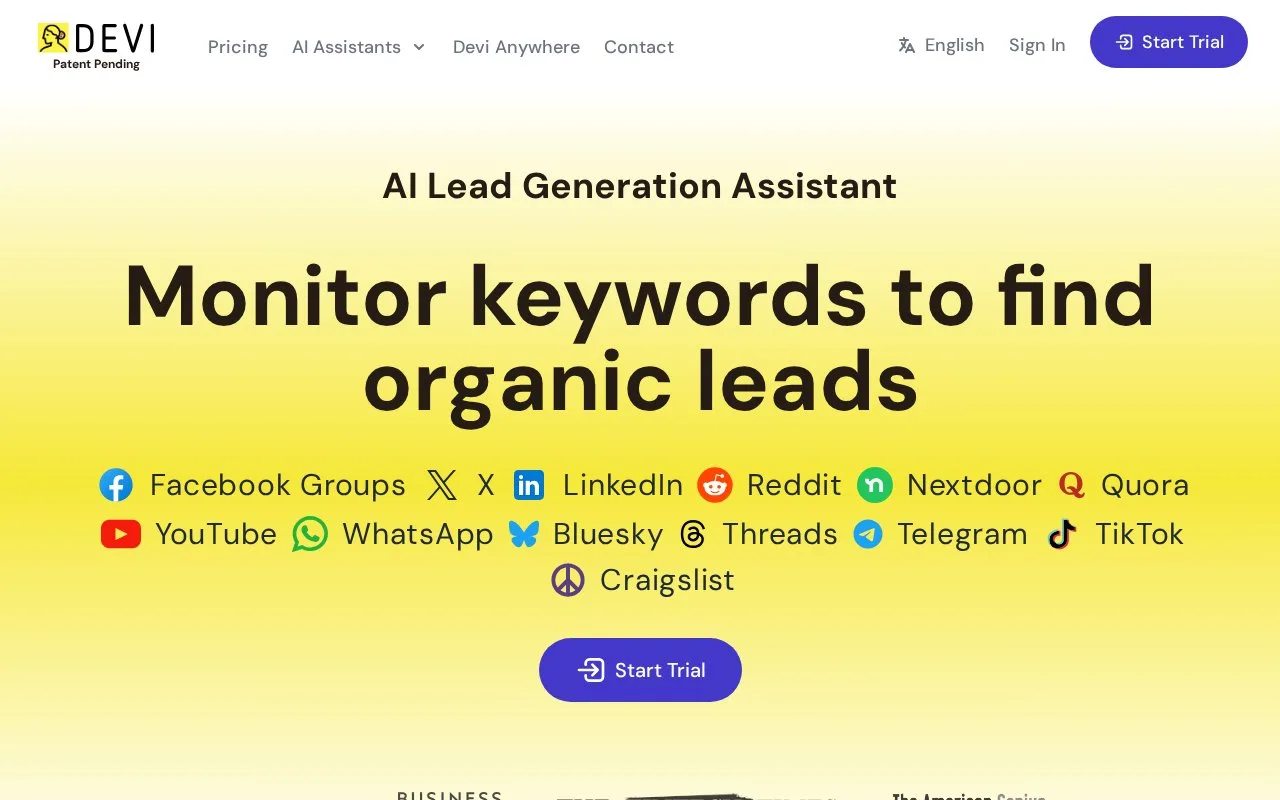 Screenshot of the Devi homepage