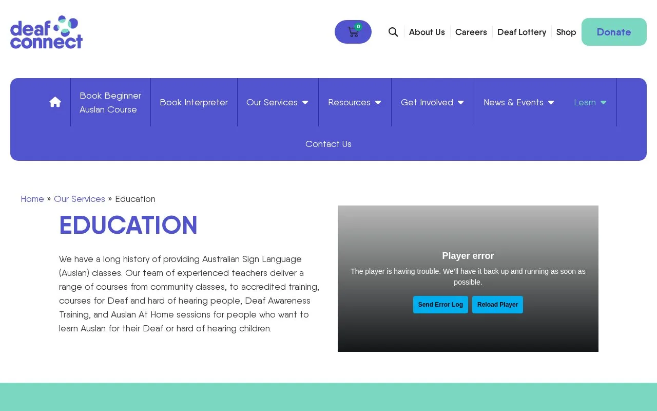 Screenshot of the Deaf Connect Auslan Education homepage