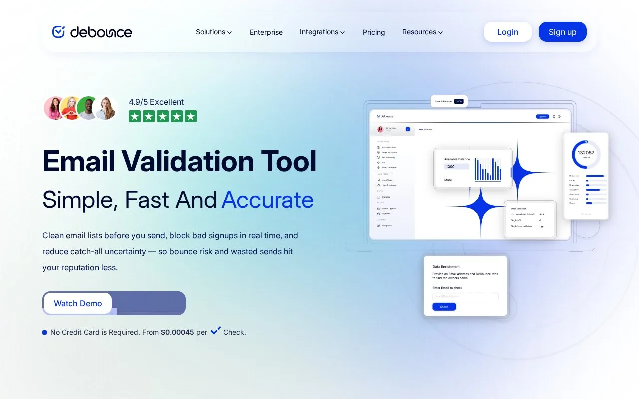 Screenshot of the DeBounce homepage
