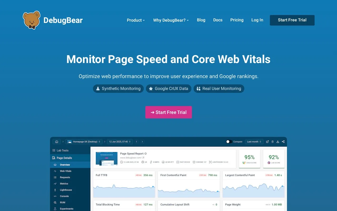 Screenshot of the DebugBear homepage
