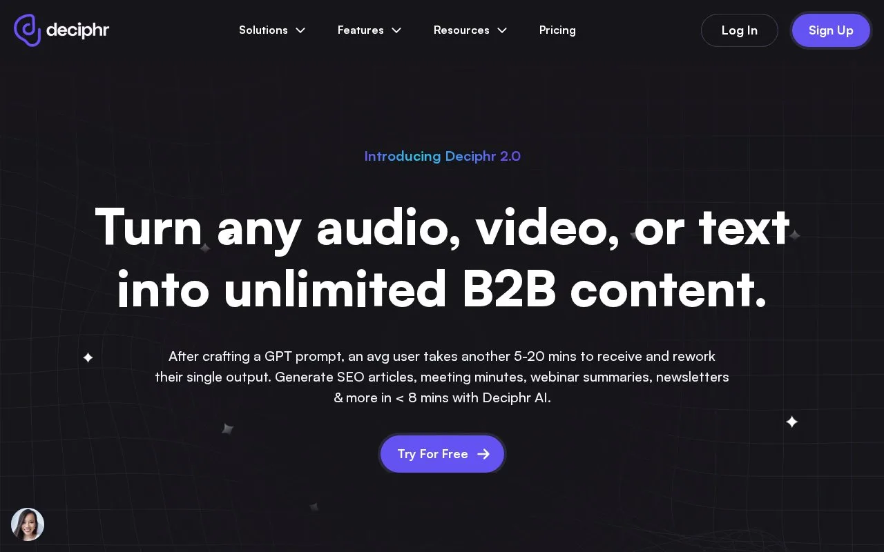 Screenshot of the Deciphr AI homepage