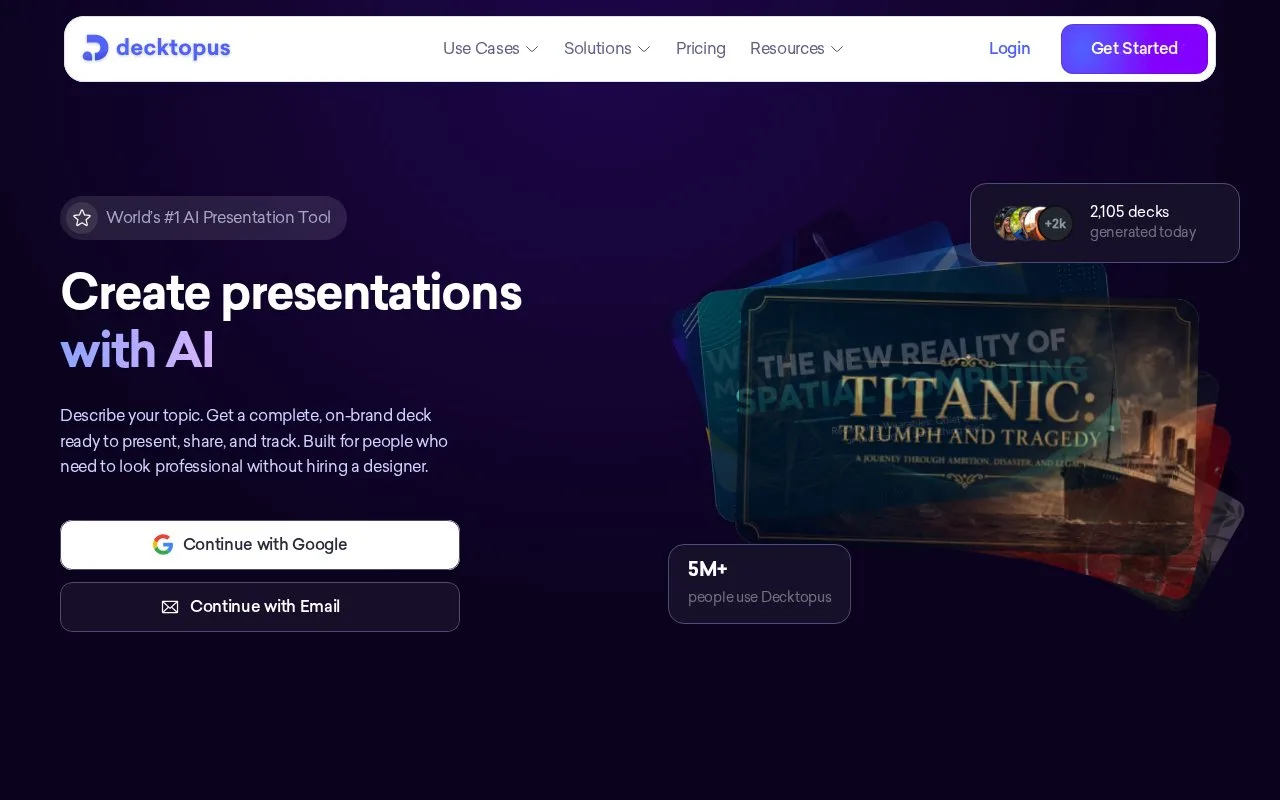 Screenshot of the Decktopus AI homepage