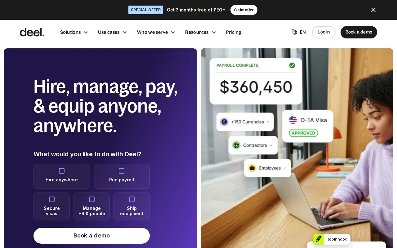 Screenshot of the Deel homepage