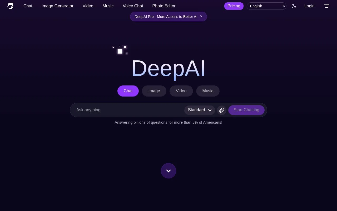 Screenshot of the DeepAI homepage