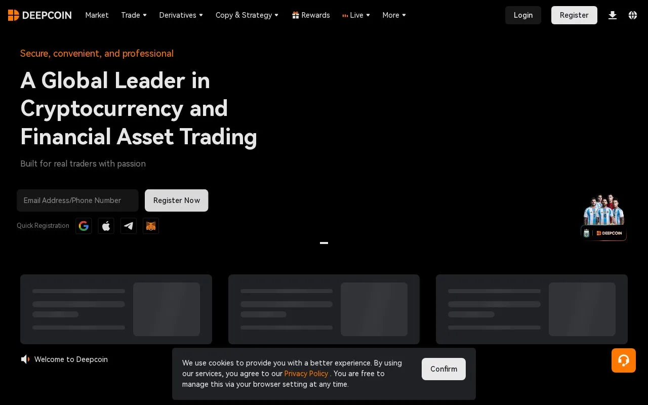 Screenshot of the Deepcoin homepage