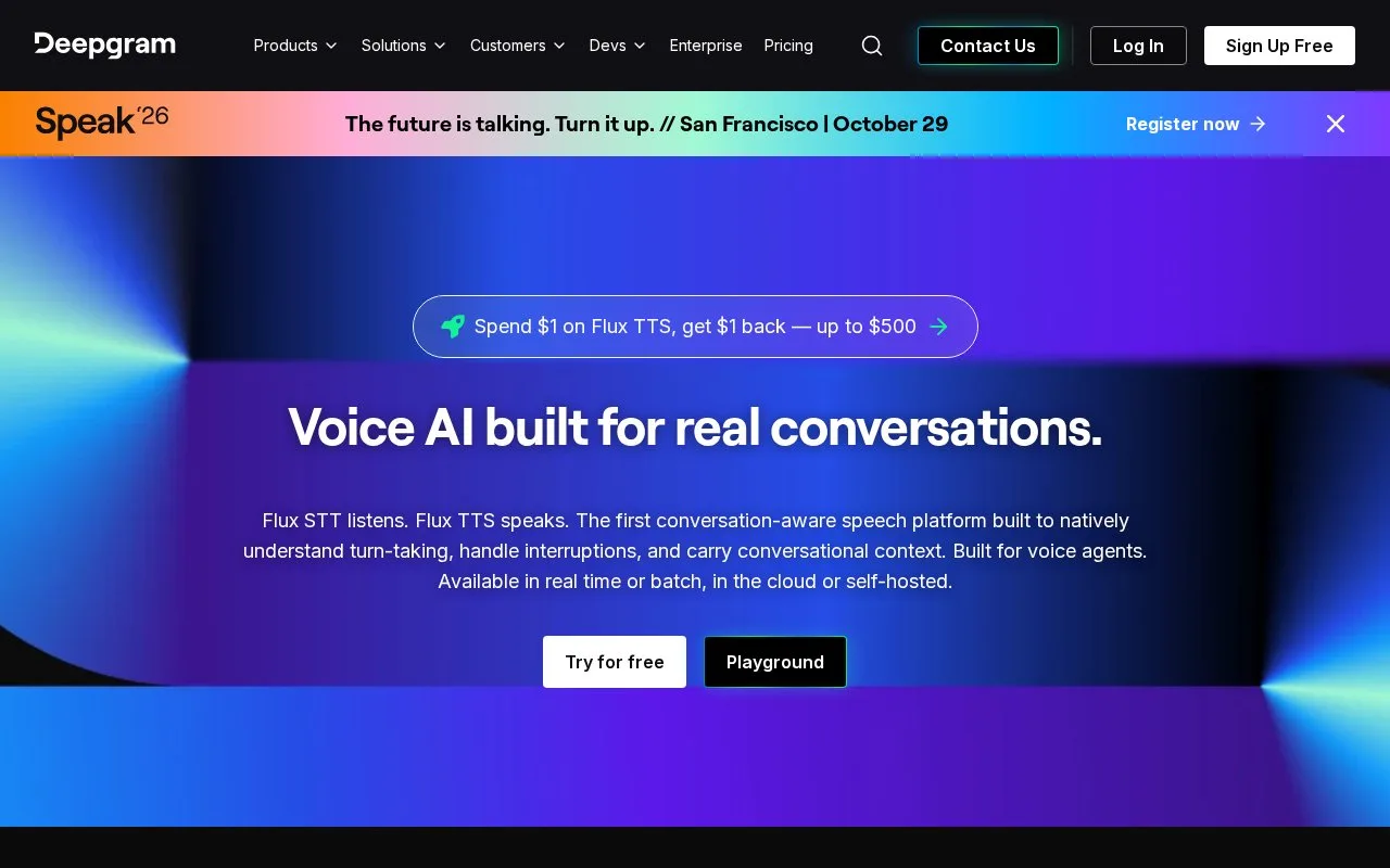 Screenshot of the Deepgram homepage