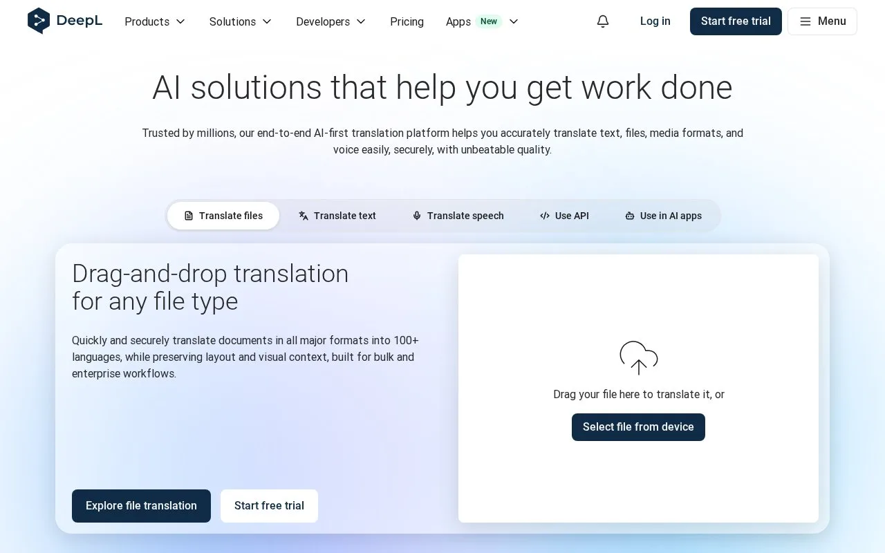 Screenshot of the DeepL homepage