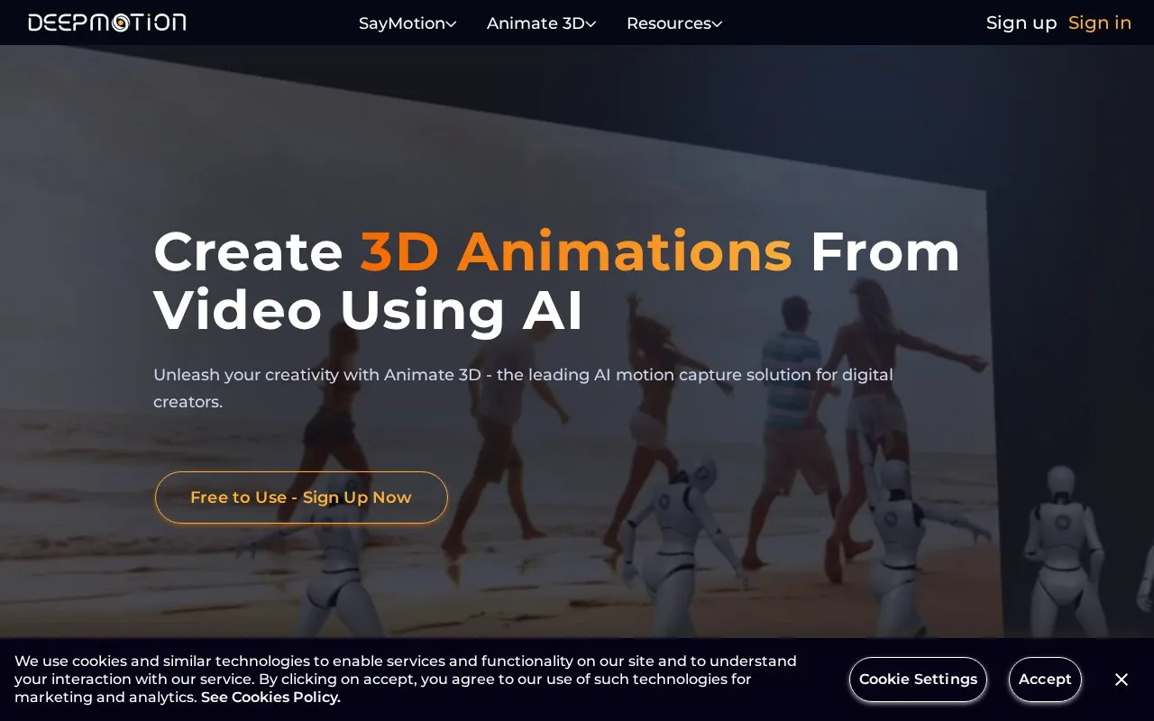 Screenshot of the DeepMotion Animate 3D homepage