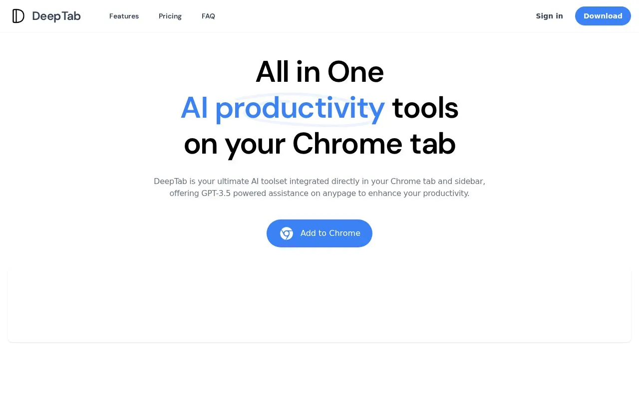 Screenshot of the DeepTab homepage