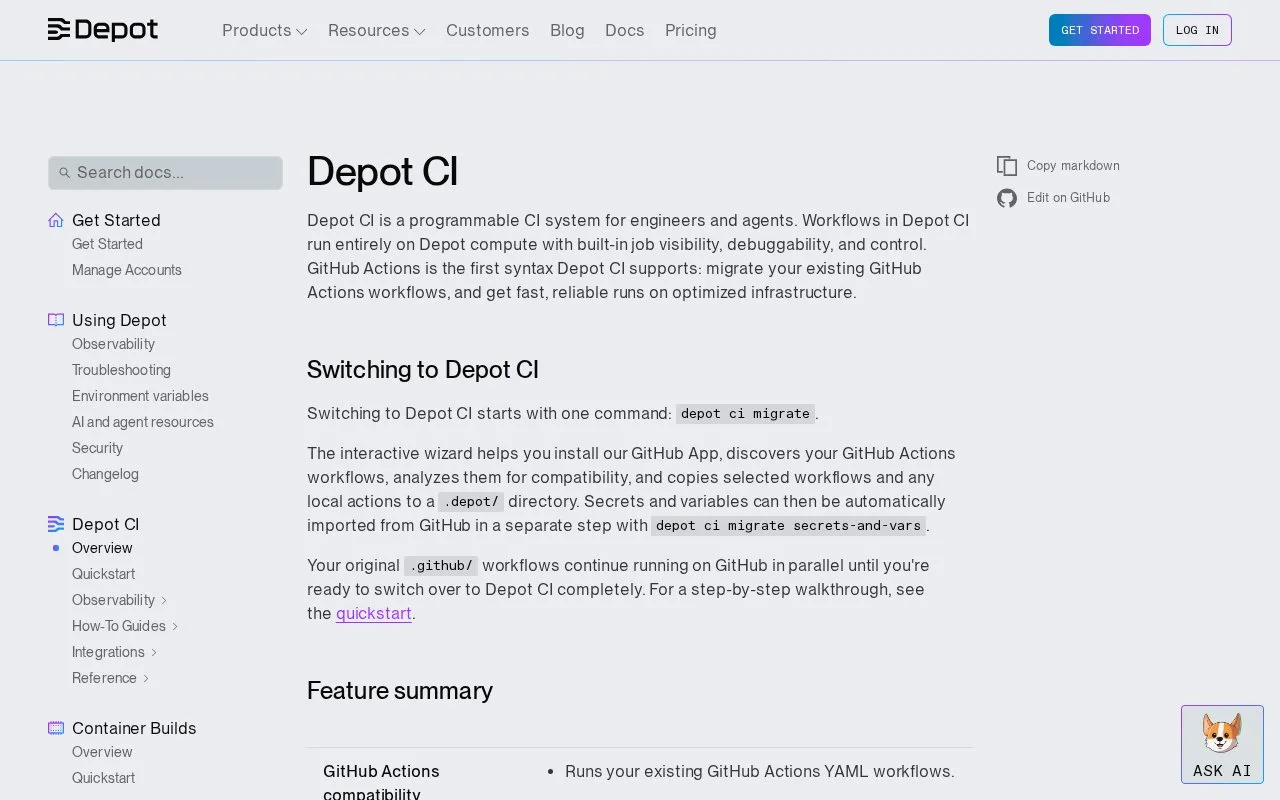 Screenshot of the Depot CI homepage