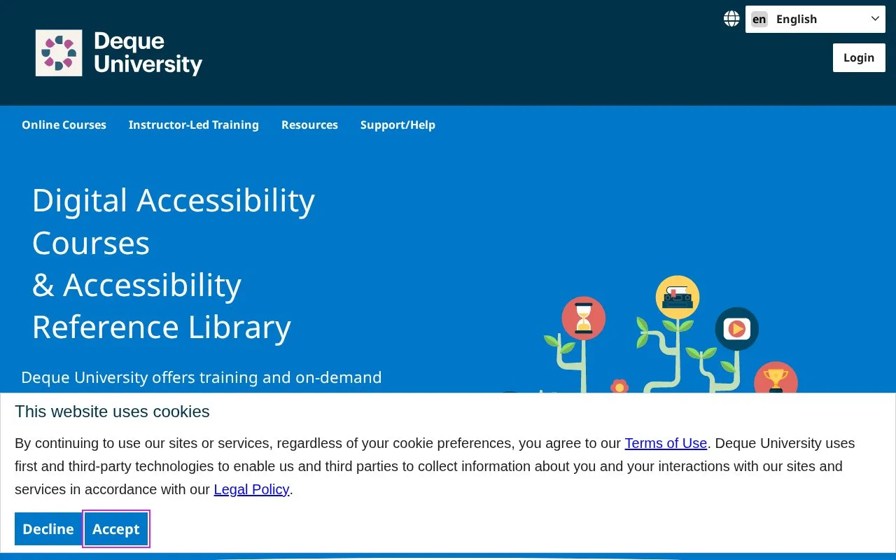 Screenshot of the Deque University homepage