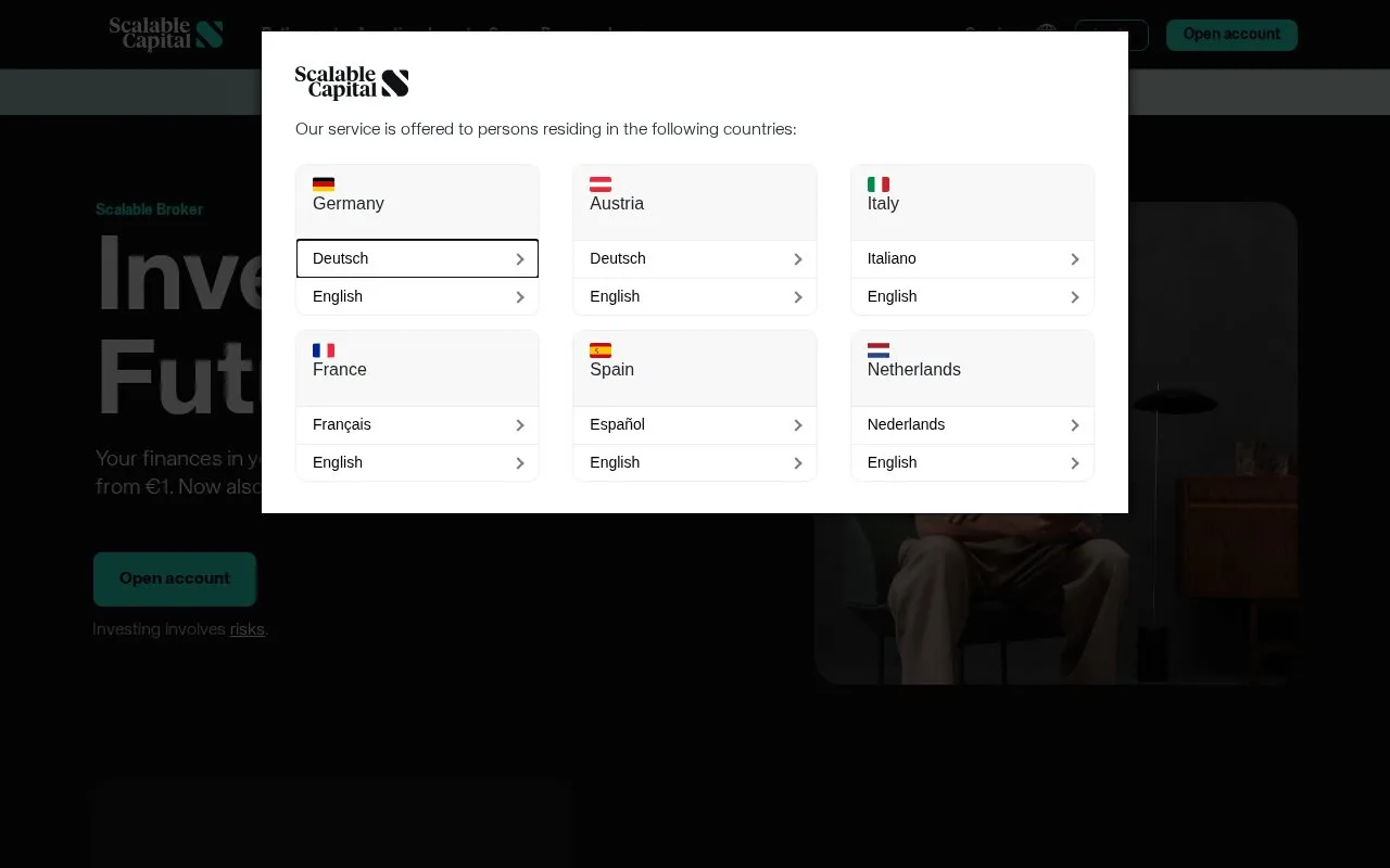 Screenshot of the Scalable Capital homepage