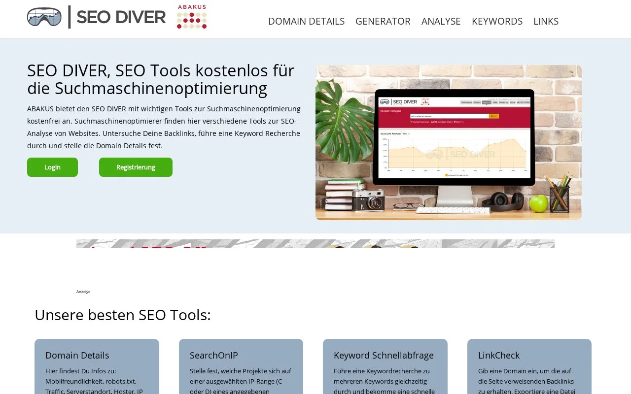 Screenshot of the SEO DIVER homepage
