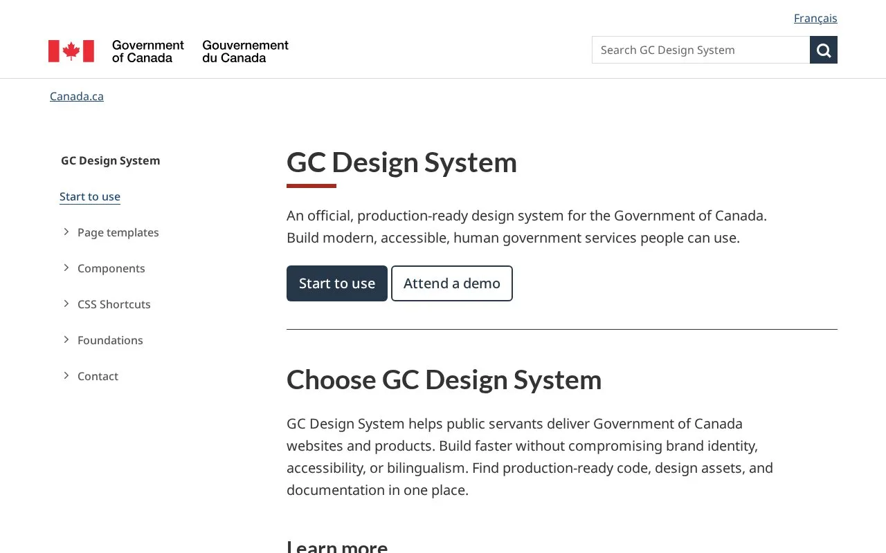 Screenshot of the GC Design System homepage