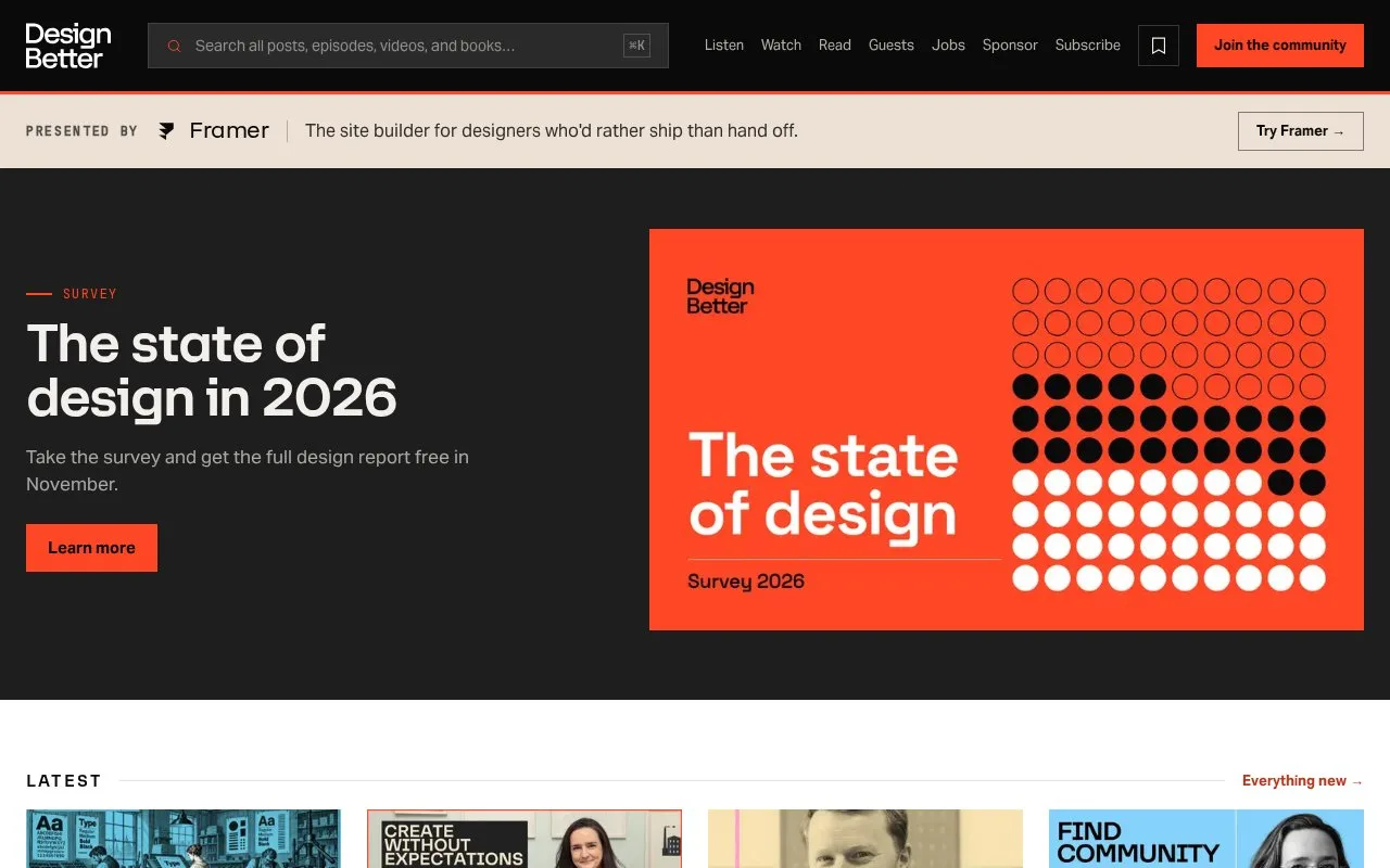 Screenshot of the Design Better homepage