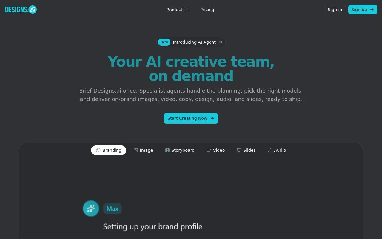 Screenshot of the Designs.ai homepage