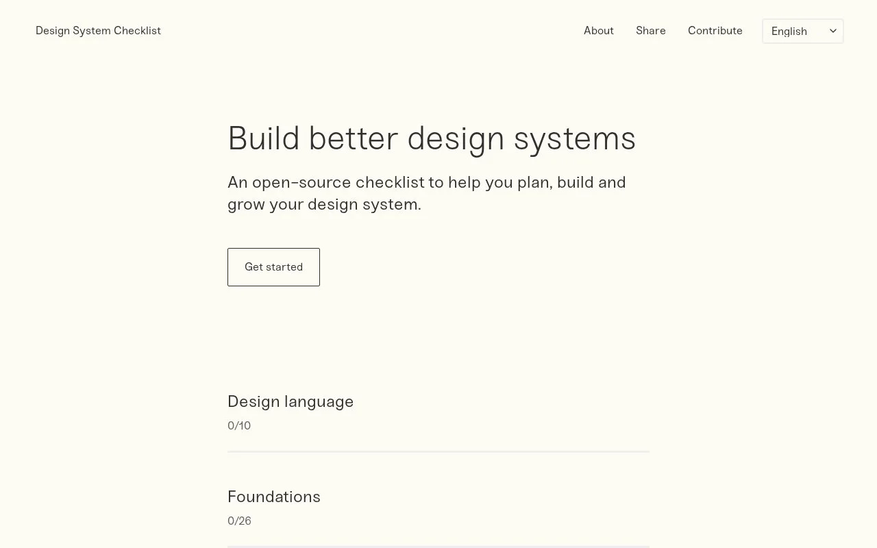 Screenshot of the Design System Checklist homepage