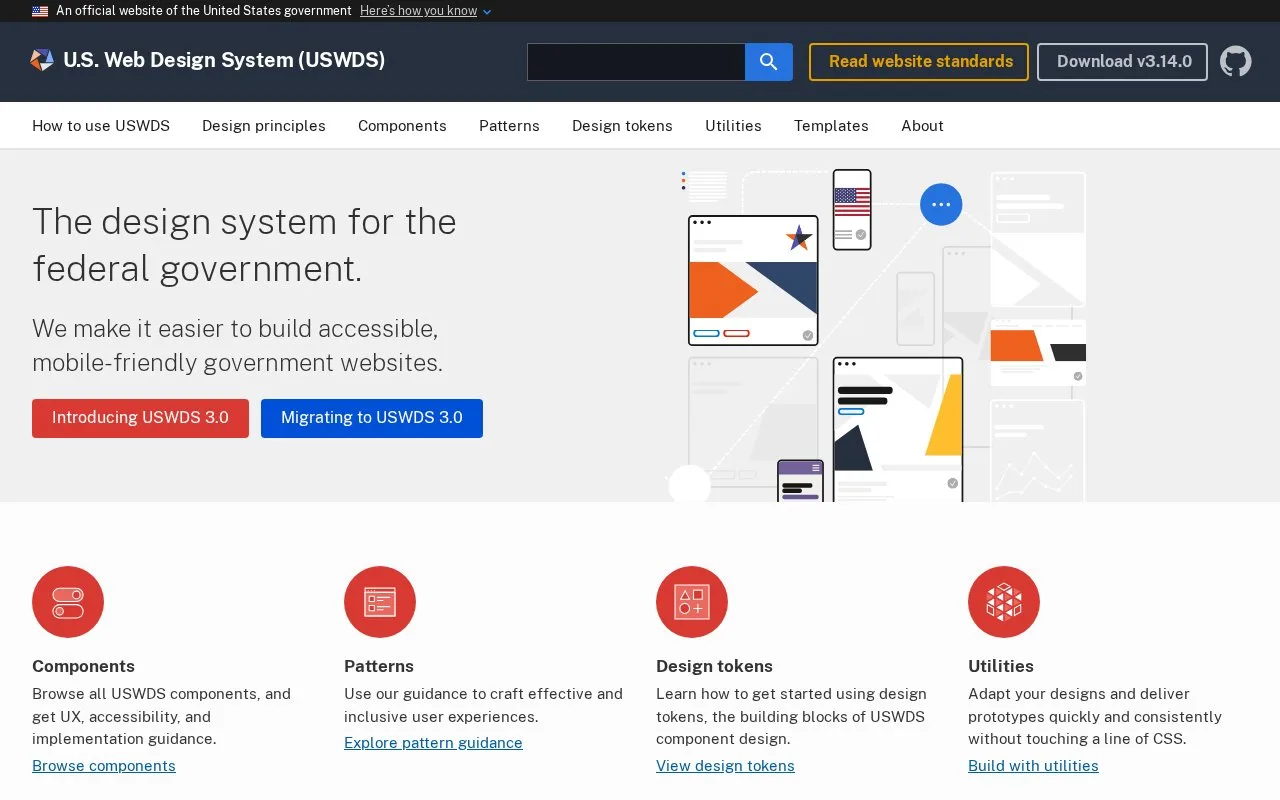 Screenshot of the U.S. Web Design System homepage