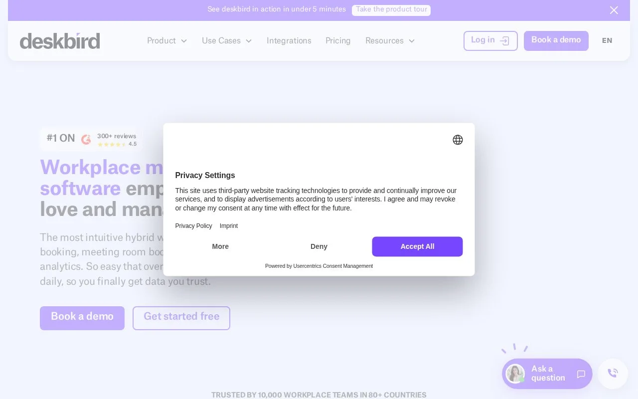 Screenshot of the deskbird homepage