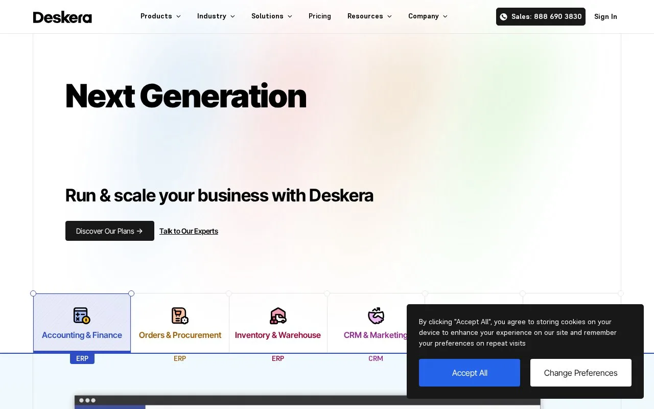 Screenshot of the Deskera ERP homepage