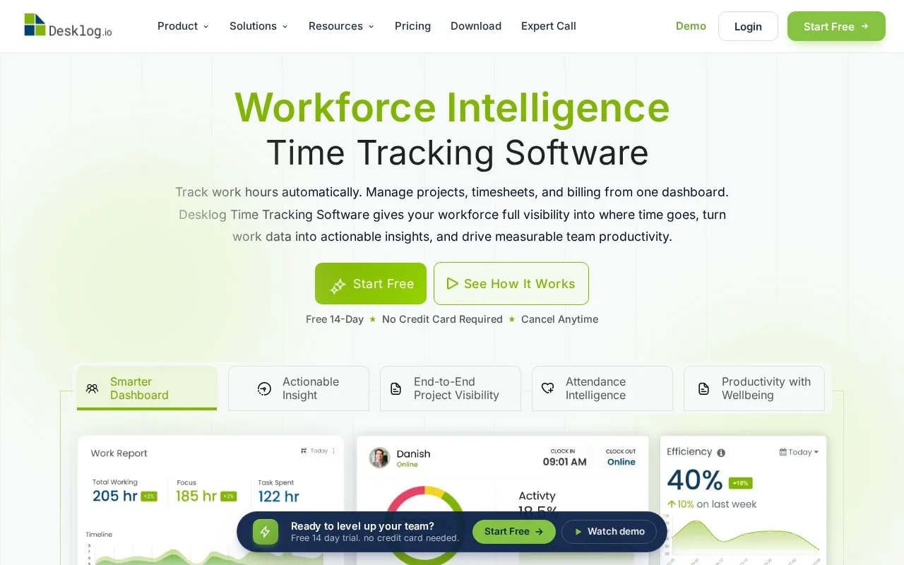 Screenshot of the Desklog homepage