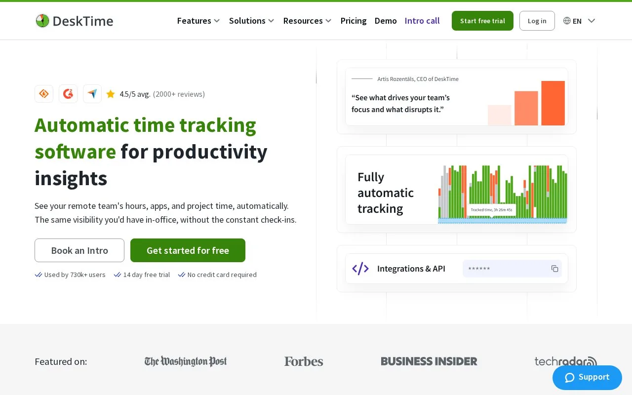 Screenshot of the DeskTime homepage
