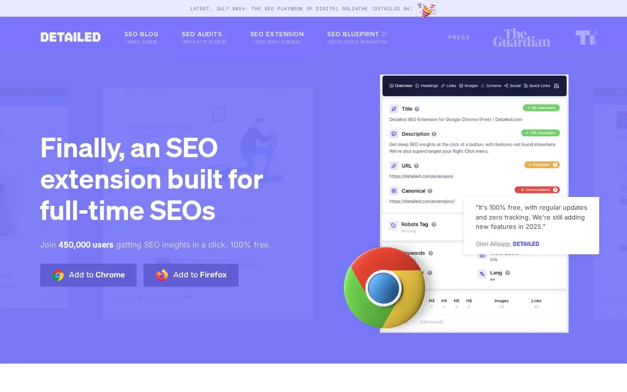 Screenshot of the Detailed SEO Extension homepage