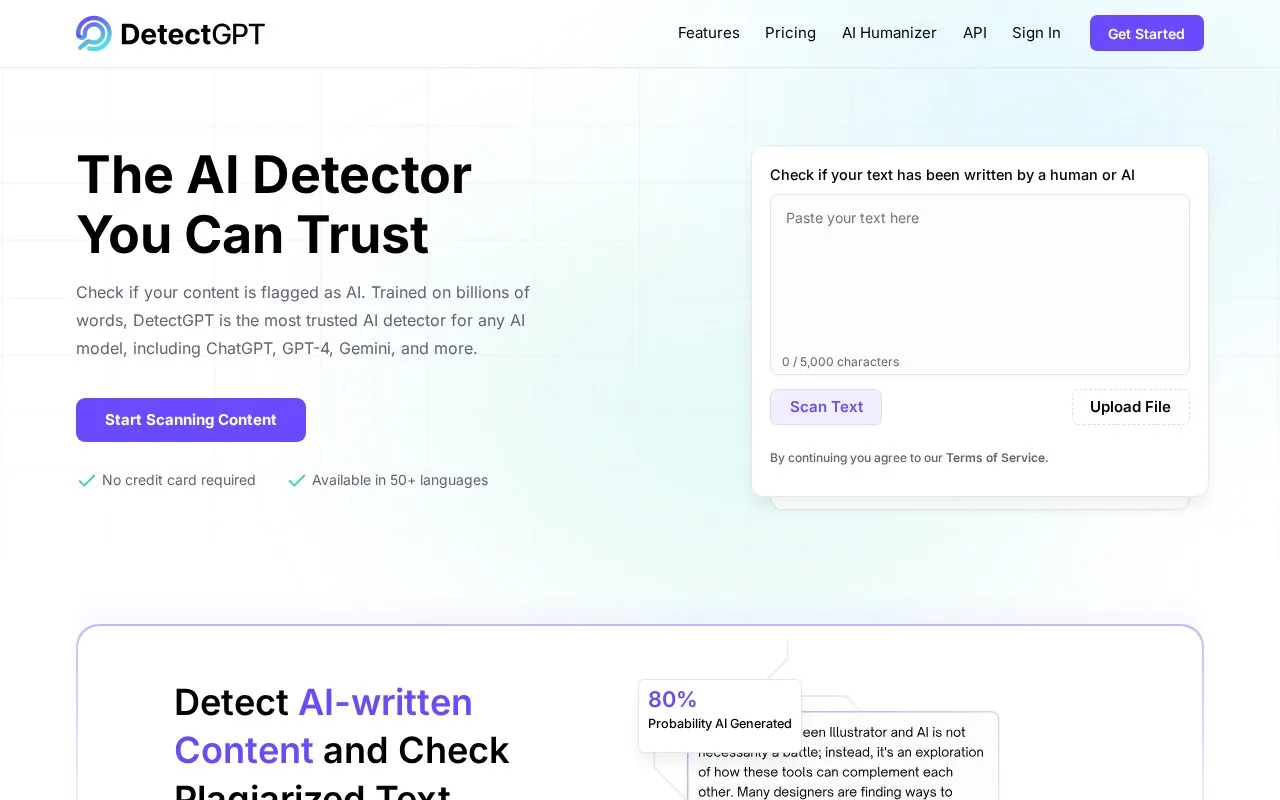 Screenshot of the DetectGPT homepage