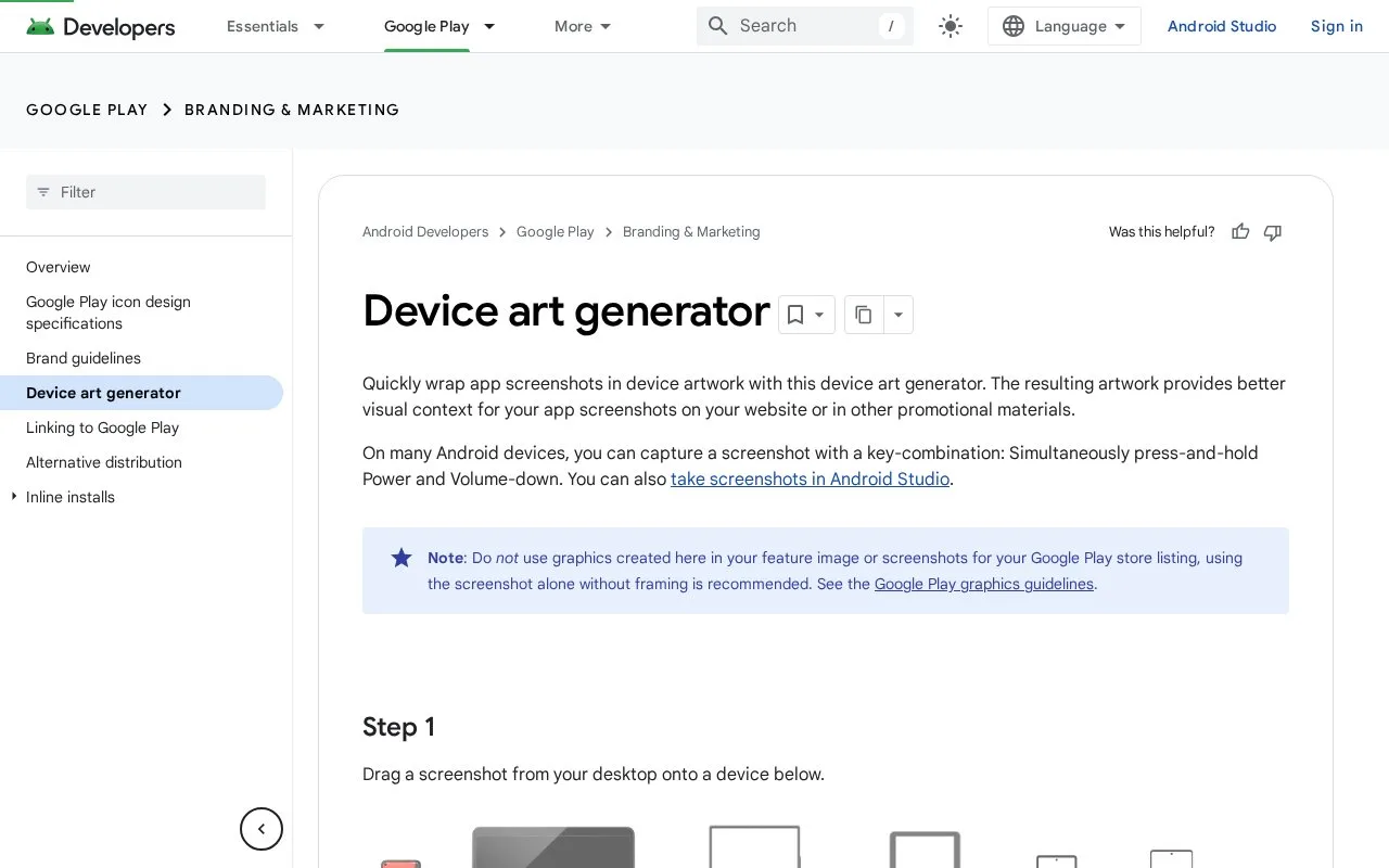 Screenshot of the Android Device Art Generator homepage