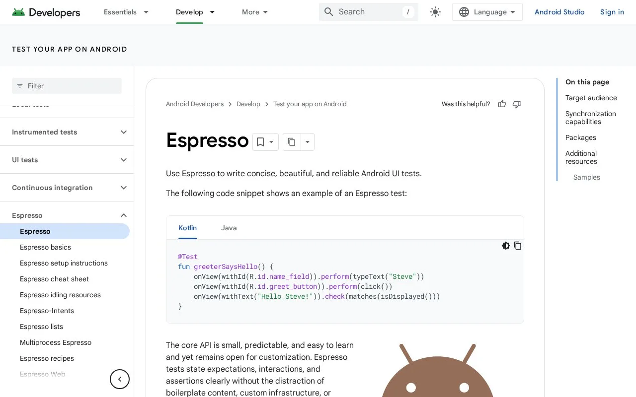 Screenshot of the Espresso homepage