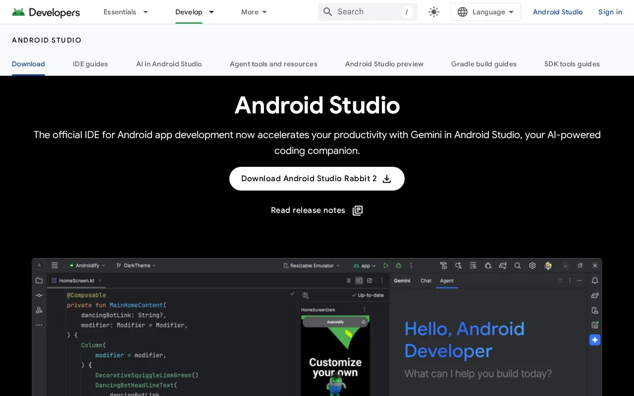 Screenshot of the Android Studio homepage