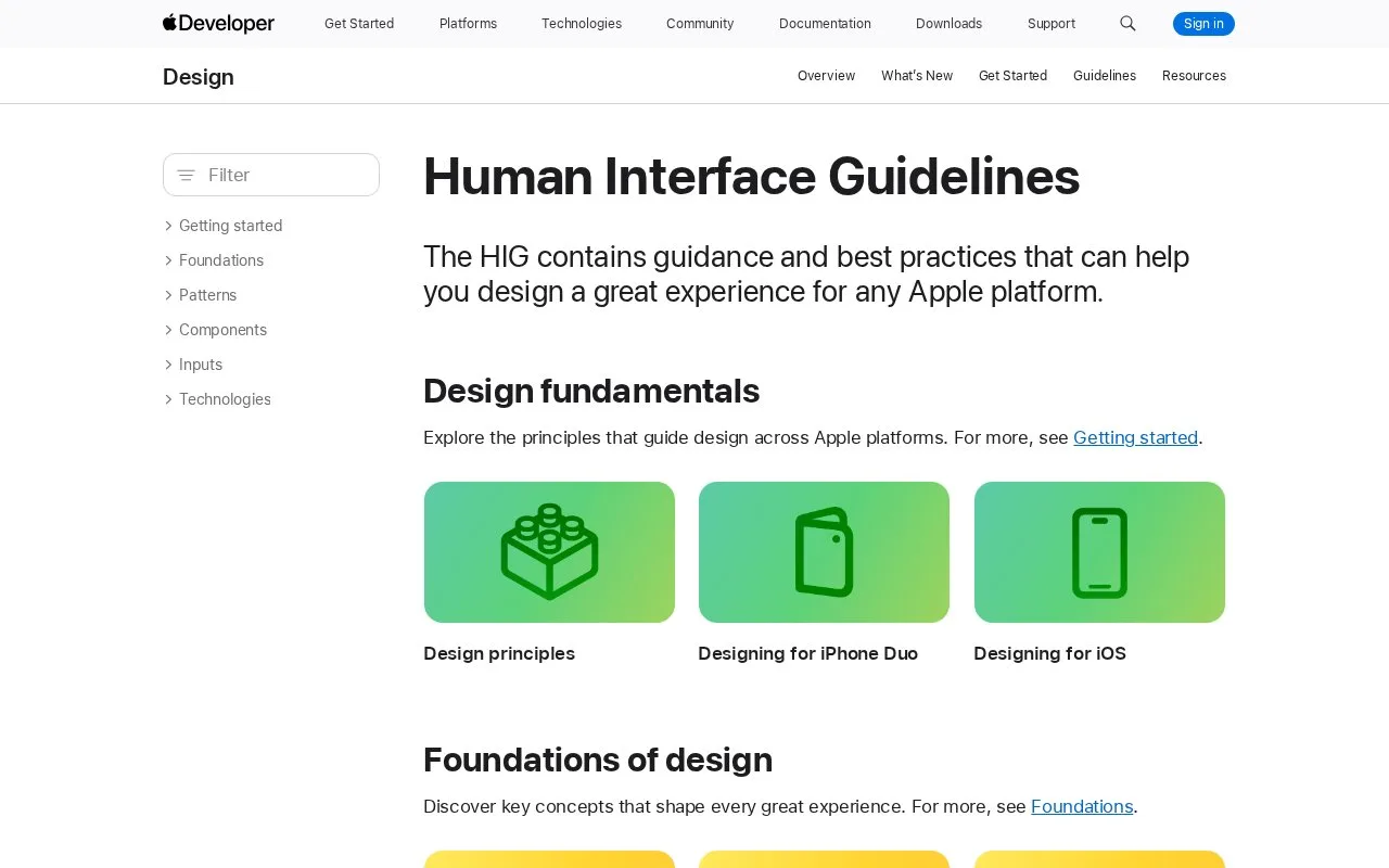 Screenshot of the Apple Human Interface Guidelines homepage