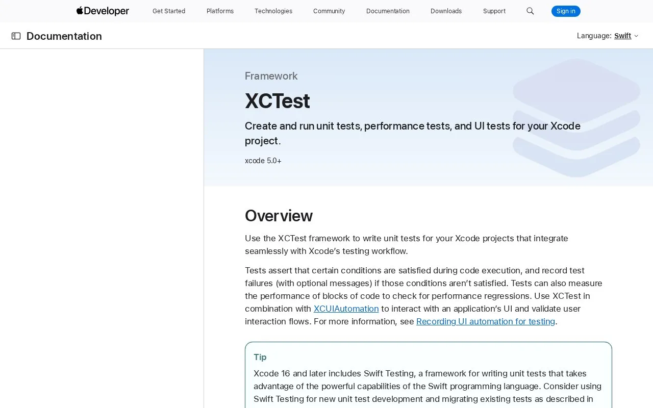 Screenshot of the XCTest homepage