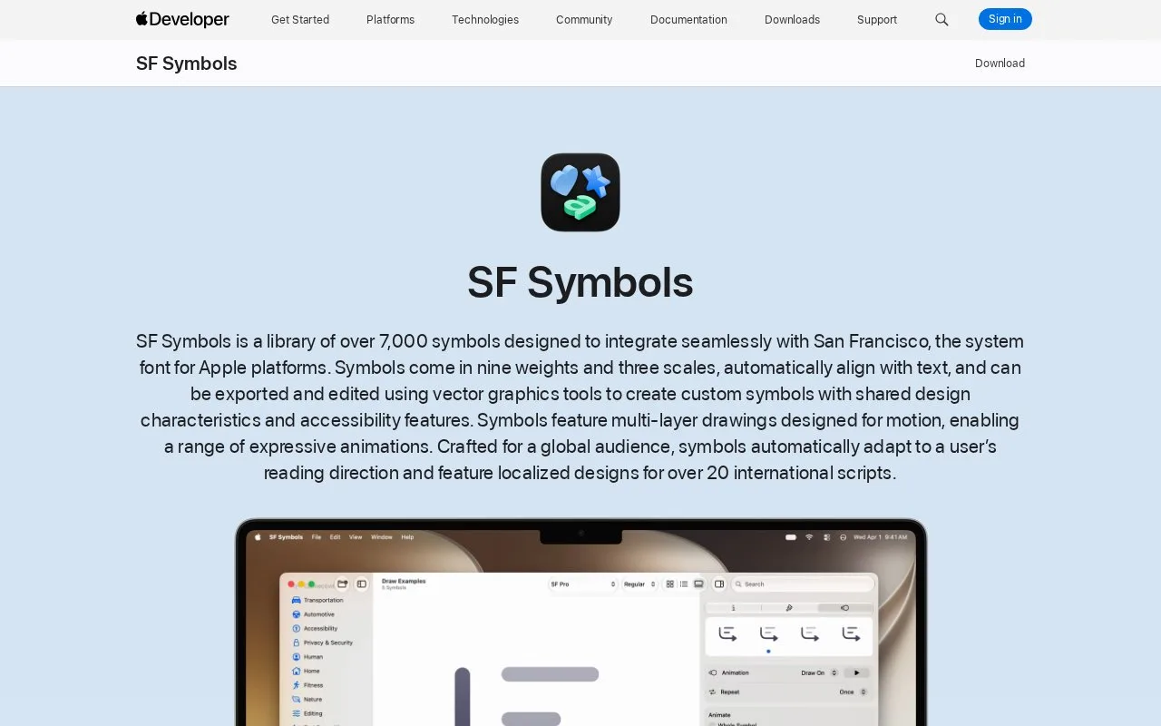 Screenshot of the SF Symbols homepage