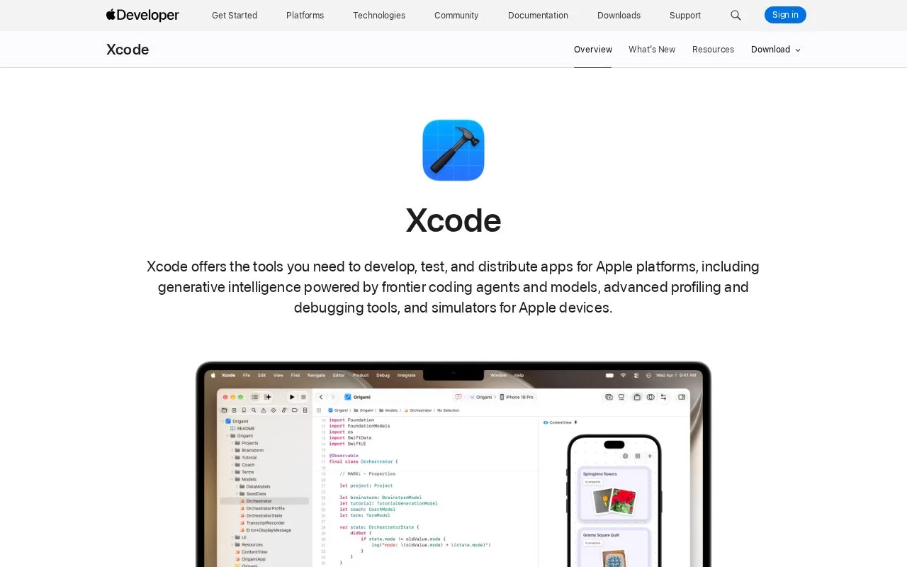 Screenshot of the Xcode homepage