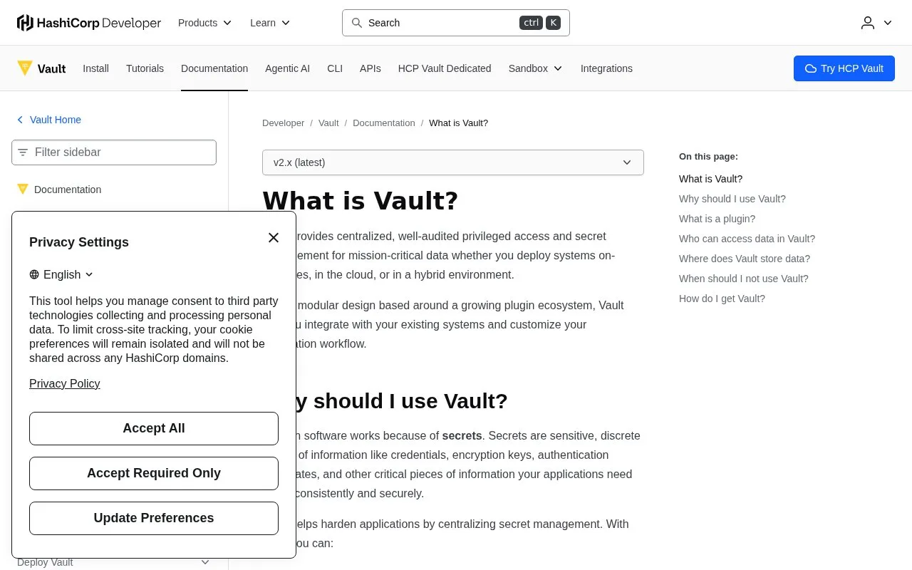 Screenshot of the HashiCorp Vault homepage