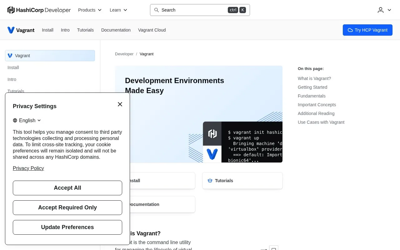 Screenshot of the Vagrant homepage