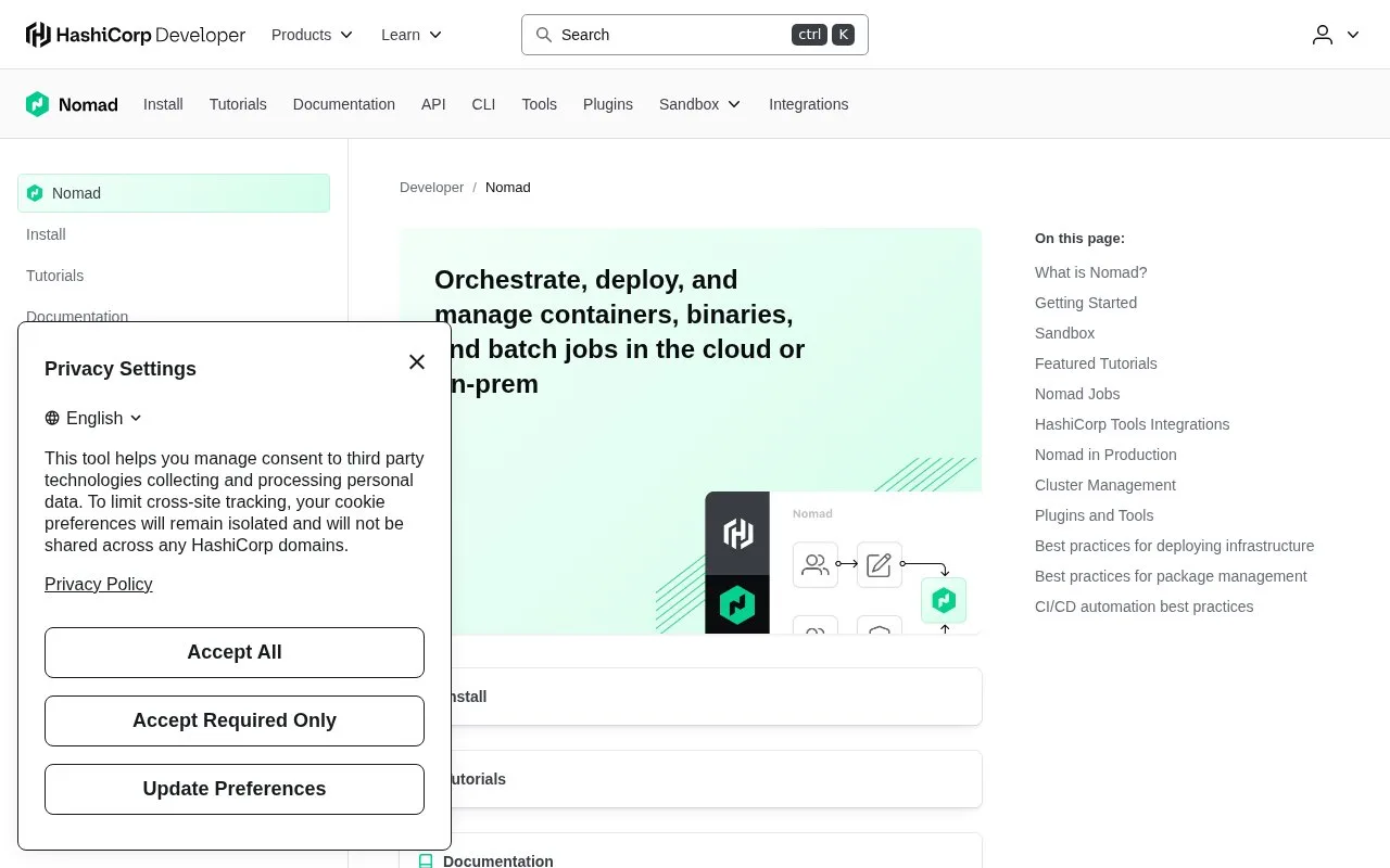 Screenshot of the Nomad homepage