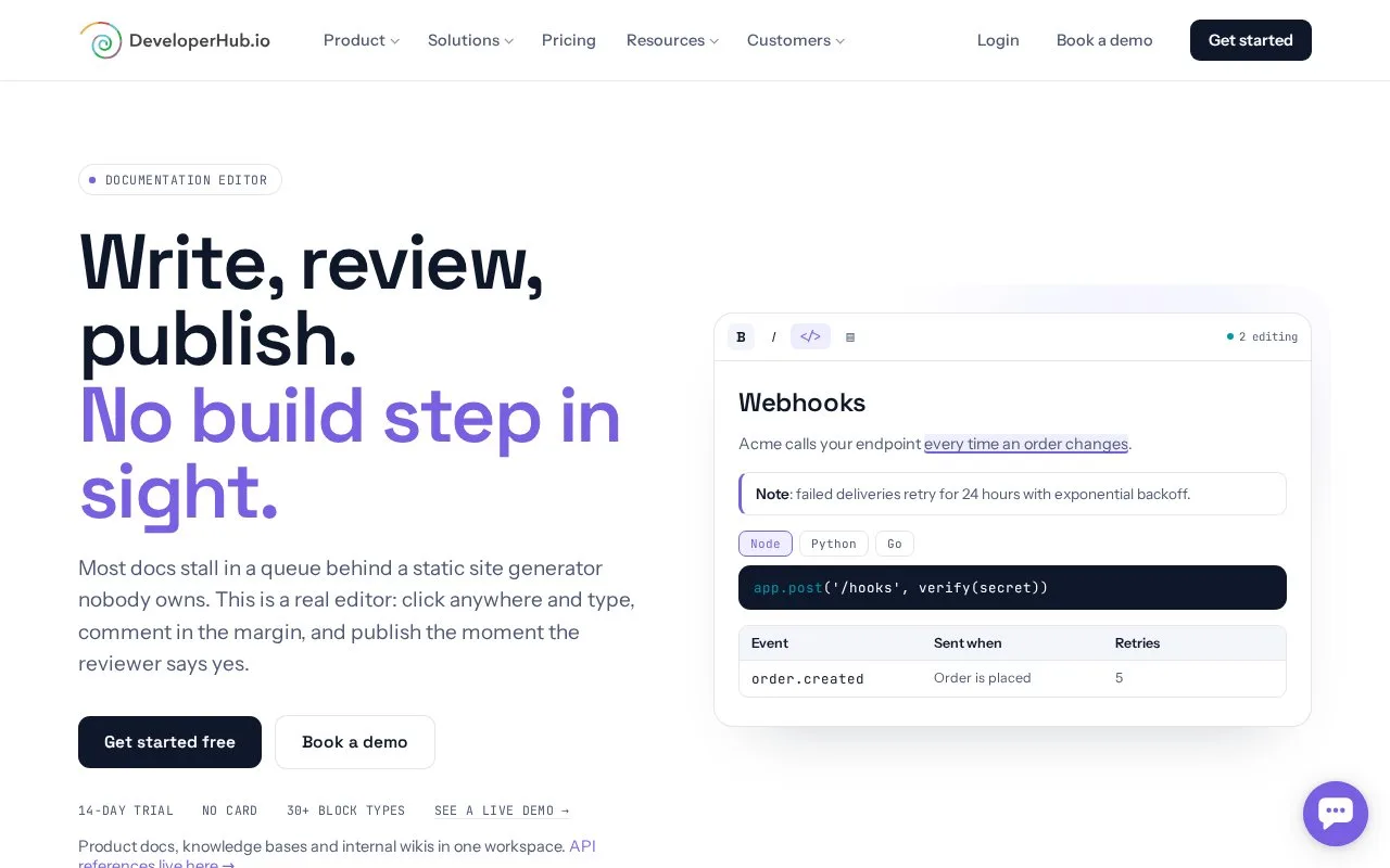 Screenshot of the DeveloperHub Documentation homepage