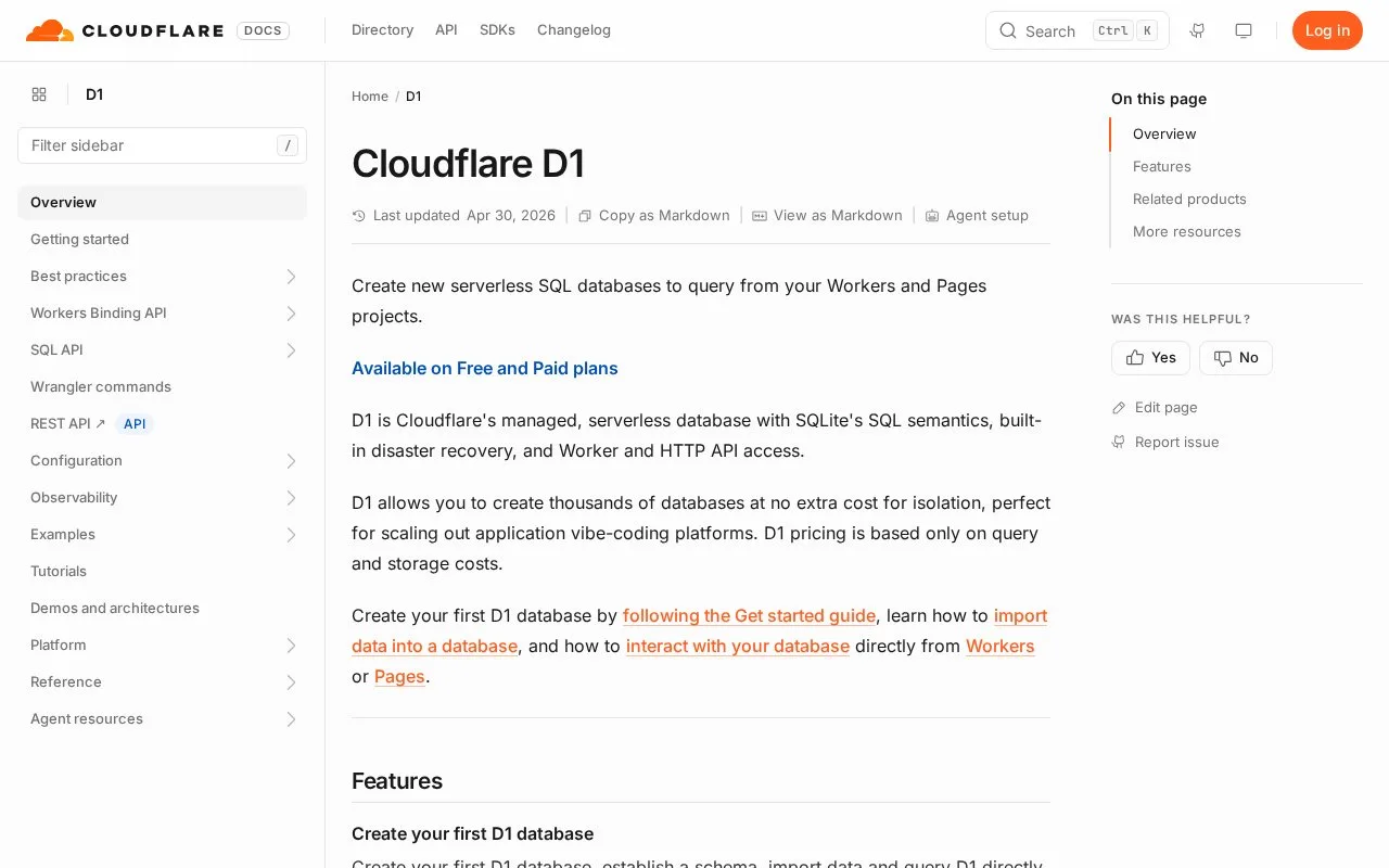 Screenshot of the Cloudflare D1 homepage
