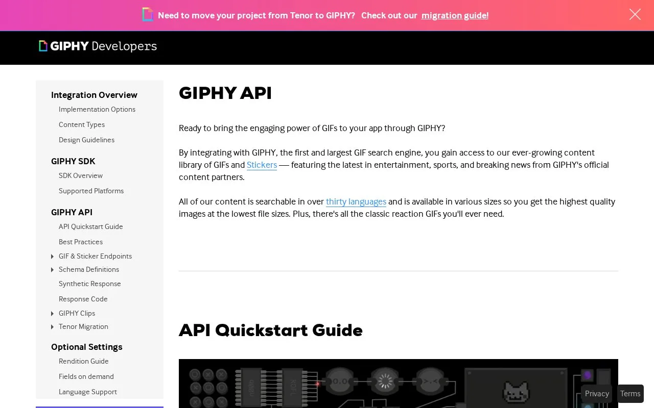 Screenshot of the GIPHY API homepage